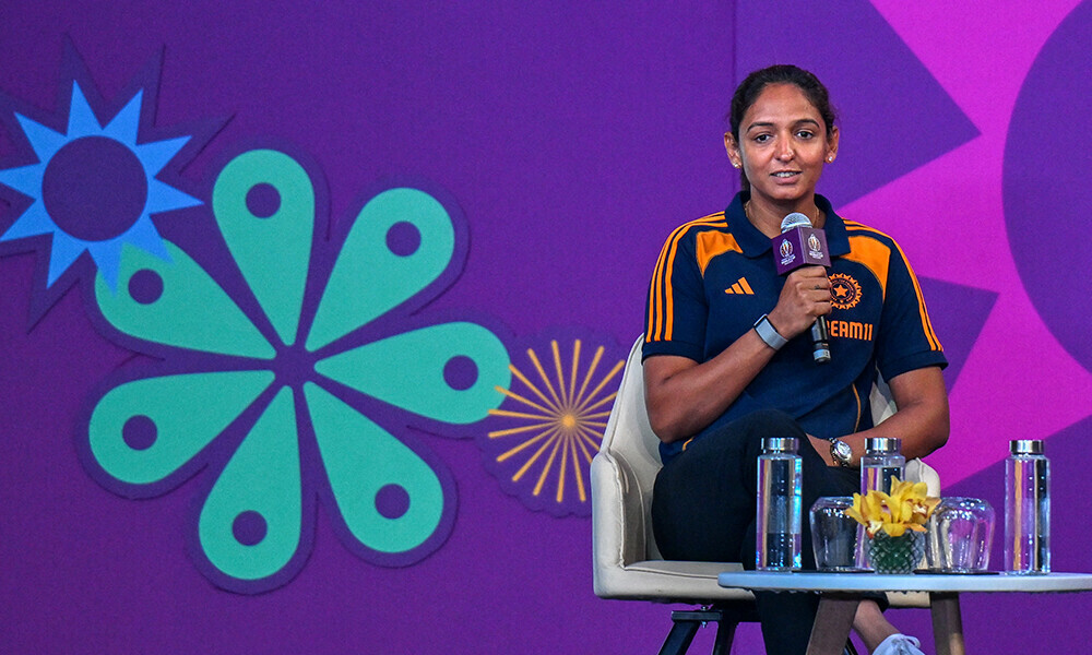 Indian team player Harmanpreet Kaur speaks during an event held to mark 50 days countdown to the 2025 ICC Women&rsquo;s Cricket World Cup in Mumbai on August 11, 2025. Photo: AFP