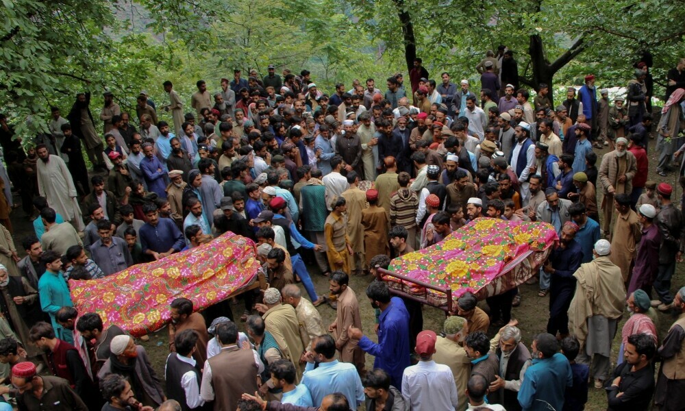 Residents attend the funeral of the victims of a cloudburst that triggered heavy rains and flooding in Naryan Behak village on the outskirts of Muzaffarabad, the capital of Azad Jammu and Kashmir, on August 15, 2025. Photo: Reuters