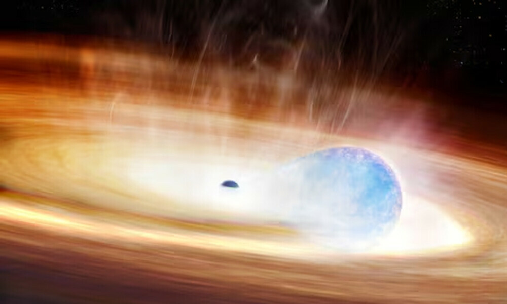 An artist&rsquo;s conception shows a massive star being stretched by the gravitational forces of a nearby black hole prior to the star&rsquo;s supernova explosion. Photo: Reuters