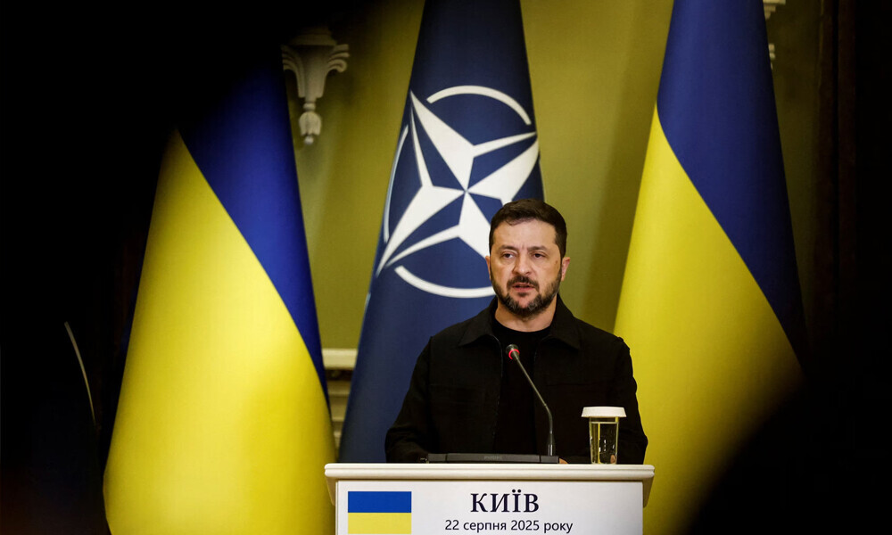 Ukrainian President Volodymyr Zelenskiy speaks at a press conference with NATO Secretary General Mark Rutte (not pictured), amid Russia&rsquo;s attack on Ukraine, in Kyiv, Ukraine, August 22, 2025. REUTERS