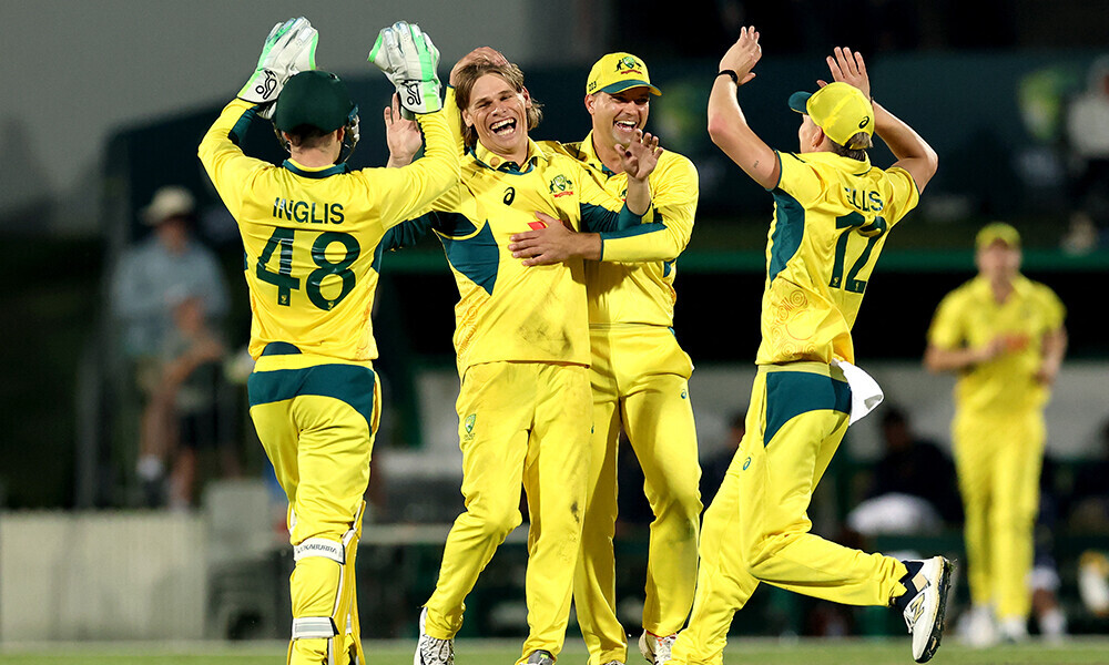 Australia&rsquo;s Cooper Connolly (2nd L) celebrates after taking the wicket of South Africa&rsquo;s Keshav Maharaj during the third one-day international cricket match between Australia and South Africa at the Great Barrier Reef Arena in Mackay on August 24, 2025. Photo: AFP
