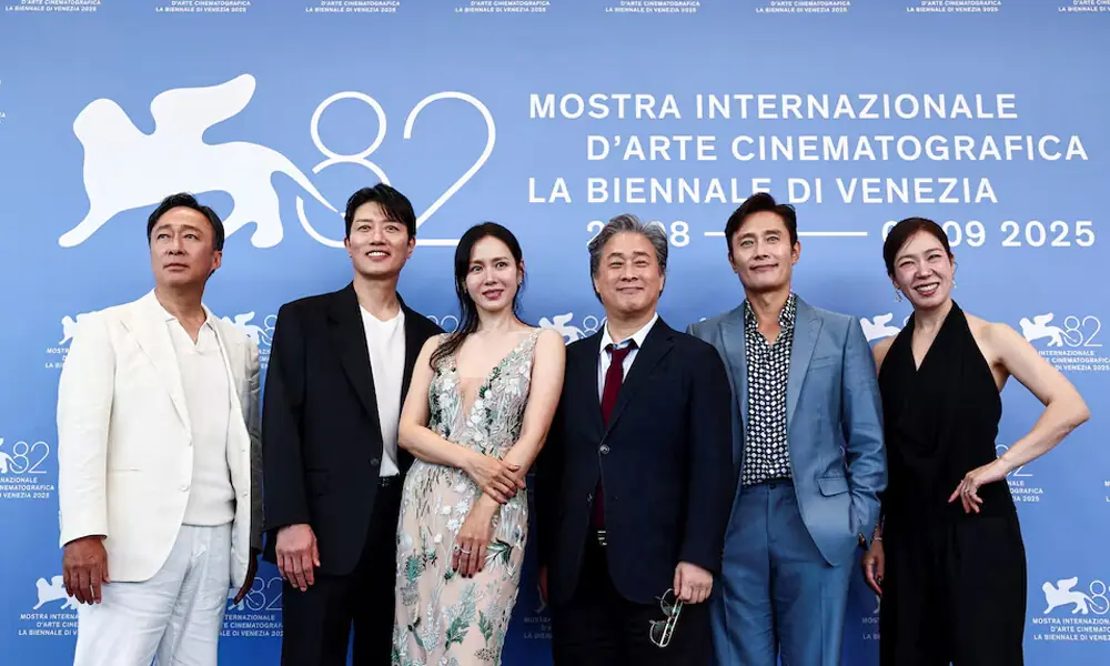 Director Park Chan-wook and cast members Lee Byung-hun, Son Ye-Jin, Park Hee-soon, Lee Sung-min and Yeom Hye-ran pose during a photocall for the movie &ldquo;No Other Choice&rdquo; in competition, at the 82nd Venice International Film Festival, Venice, Italy. Photo: Reuters