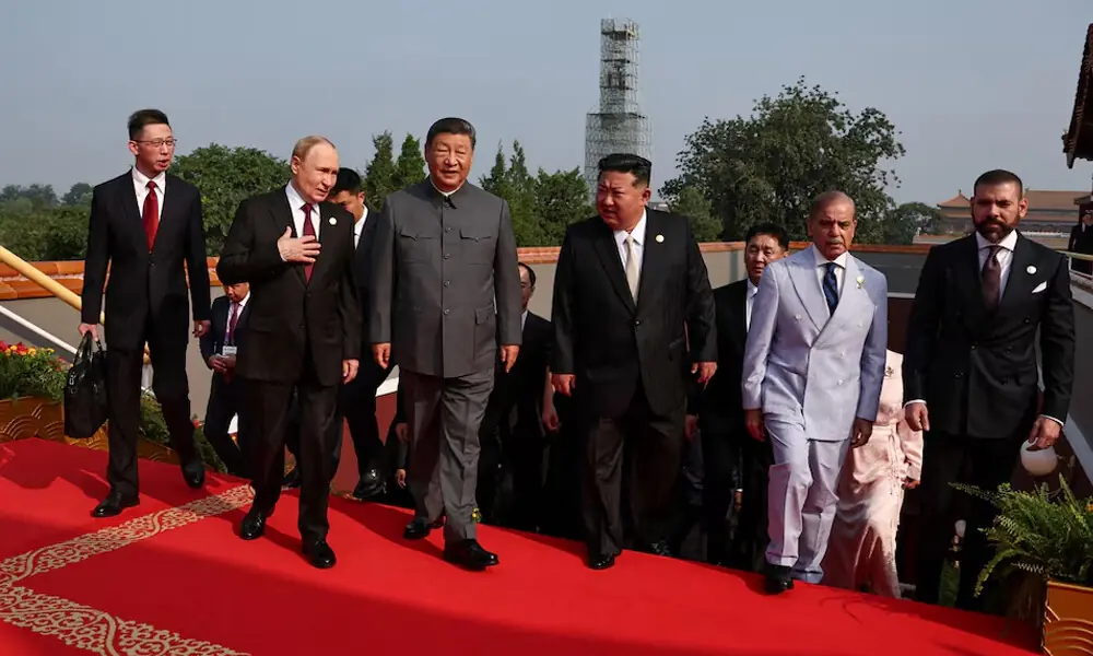 Russian President Vladimir Putin, Chinese President Xi Jinping, North Korean leader Kim Jong Un, Pakistan&rsquo;s Prime Minister Shehbaz Sharif and heads of foreign delegations arrive for a military parade marking the 80th anniversary of the end of World War Two, in Beijing, China September 3, 2025. Photo: Reuters