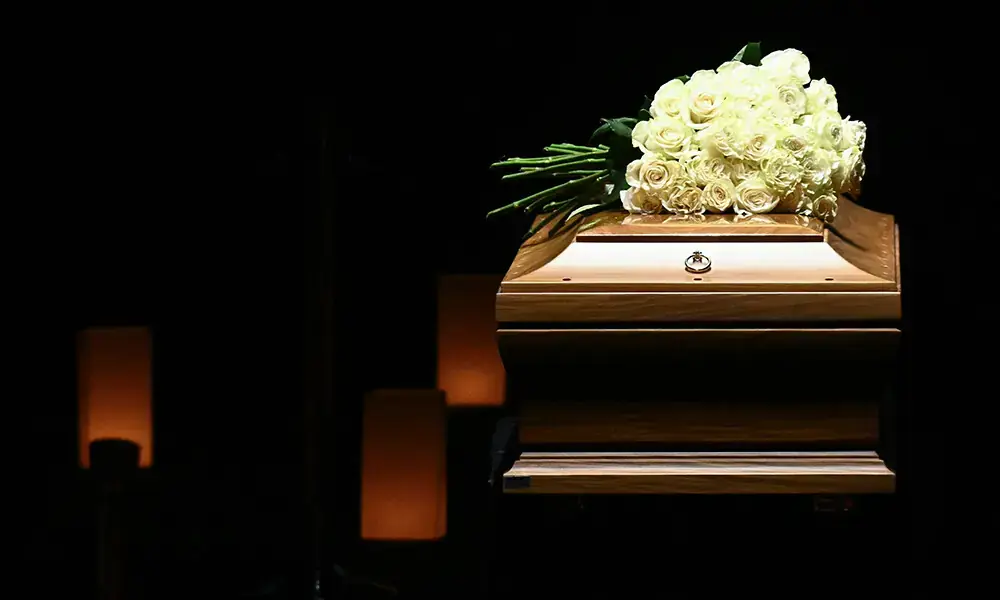 A picture shows the coffin of late Italian fashion designer Giorgio Armani lying-in state for two days at the Armani Theatre in Milan, on September 6, 2025. Photo: AFP