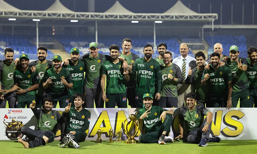 Pakistan&rsquo;s team pose with the trophy after winning the T20 international cricket match against Afghanistan in Sharjah on September 7, 2025. Photo: AFP