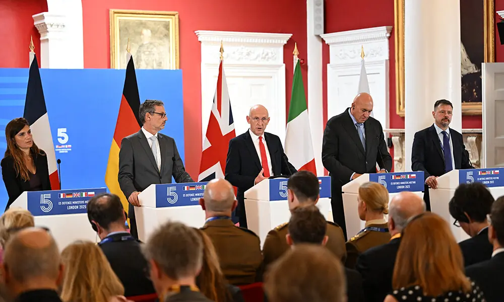 (L-R) France&rsquo;s Director General of International Relations and Strategy of the Ministry of Armed Forces Alice Rufo, Germany&rsquo;s Armaments and Innovation Secretary Jens Plotner, Britain&rsquo;s Defence Secretary John Healey, Italy&rsquo;s Defence Minister Guido Crosetto and Poland&rsquo;s Director of International Security Policy Marcin Kazmierski attend a press conference during a meeting of the defence ministers from the E5 Group of Five nations. Photo: AFP