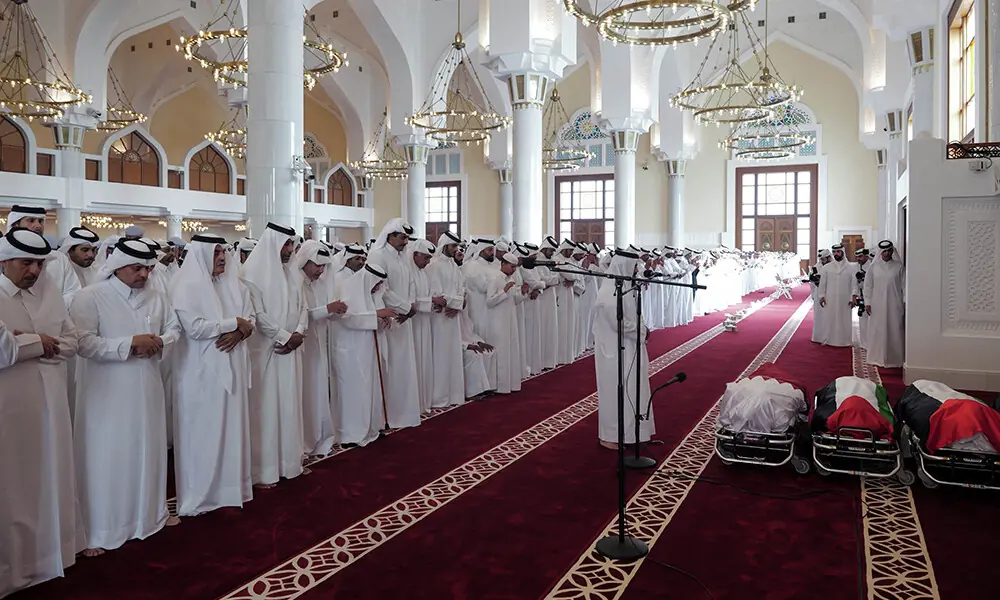 This handout picture made available by the Qatar Amiri Diwan, shows Qatar’s Emir Sheikh Tamim bin Hamad Al-Thani (C) attending the funeral of people killed in an Israeli strike on figures of the Palestinian Hamas movement two days earlier, at Sheikh Mohammed bin Abdul Wahhab Mosque in Doha on September 11, 2025. Photo: AFP This handout picture made available by the Qatar Amiri Diwan, shows Qatar’s Emir Sheikh Tamim bin Hamad Al-Thani (C) attending the funeral of people killed in an Israeli strike on figures of the Palestinian Hamas movement two days earlier, at Sheikh Mohammed bin Abdul Wahhab Mosque in Doha on September 11, 2025. Photo: AFP