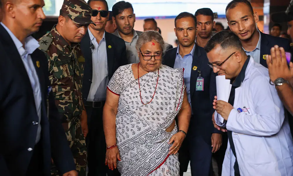 Newly sworn-in Nepal&rsquo;s interim Prime Minister, Sushila Karki, arrives at a hospital to meet the victims of Monday&rsquo;s deadly anti-corruption protests, in Kathmandu, Nepal, September 13, 2025. Photo: Reuters