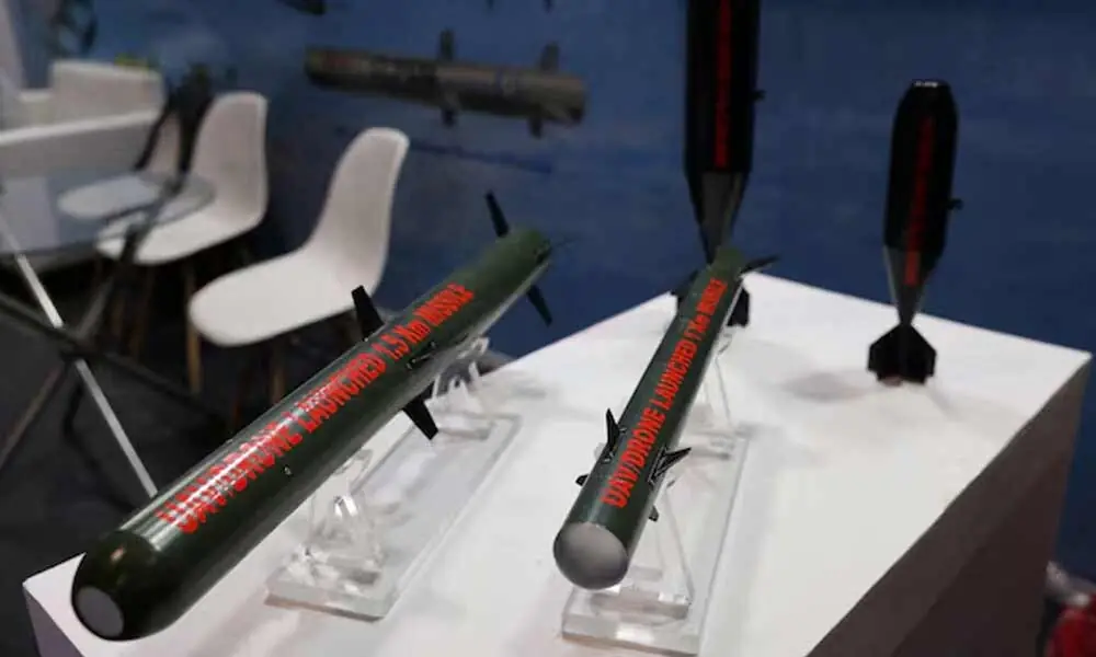 A view shows model missiles used in drones developed by Bharat Dynamics Limited, kept on display at their stall at the drone exhibition at Bharat Drone Shakti 2023 organised by the Indian Air Force(IAF) and Drone Federation of India(DFI) at the Hindon Airbase in Ghaziabad, India, September 25, 2023. REUTERS