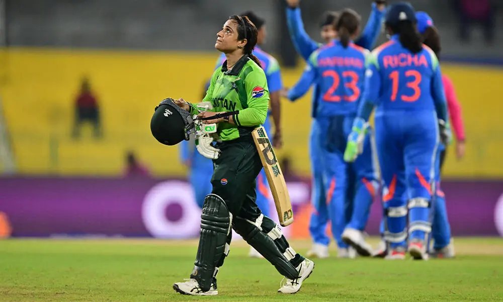 Pakistan&rsquo;s Sidra Amin leaves the ground after losing her wicket during the ICC Women&rsquo;s Cricket World Cup 2025 one-day international (ODI) match between India and Pakistan at the R. Premadasa International Cricket Stadium in Colombo on October 5, 2025. Photo: AFP