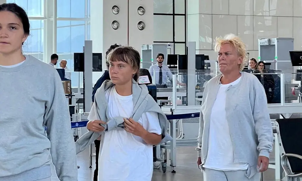 Swedish activist Greta Thunberg walks through Ramon International Airport before her deportation flight, near Eilat, Israel, after Israel intercepted the vessels of the Global Sumud Flotilla aiming to reach Gaza and break Israel&rsquo;s naval blockade, October 6, 2025. Photo: Israel Foreign Ministry/Handout via REUTERS