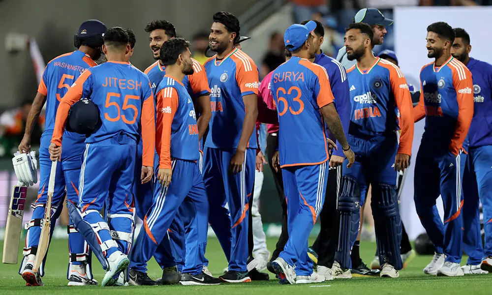Indian players celebrate victory in the third Twenty20 cricket international match between Australia and India at Bellerive Oval in Hobart on November 2, 2025. Photo: AFP