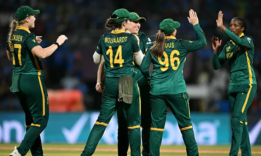 South Africa&rsquo;s Ayabonga Khaka (R) celebrates with teammates after taking the wicket of India&rsquo;s Jemimah Rodrigues during the ICC Women&rsquo;s Cricket World Cup 2025 one-day international (ODI) final match between India and South Africa at the DY Patil Stadium in Navi Mumbai on November 2, 2025. Photo: AFP