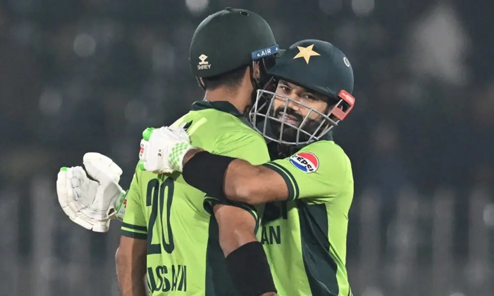 Mohammad Rizwan (R) celebrates with Pakistan&rsquo;s Hussain Talat (L) after scoring a half century (50 runs) during the third one-day international (ODI) cricket match between Pakistan and Sri Lanka at the Rawalpindi Cricket Stadium, in Rawalpindi, on November 16, 2025. Photo: AFP
