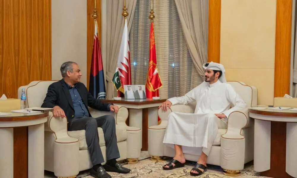 Interior Minister Mohsin Naqvi and Minister of Interior of Qatar Khalifa bin Hamad bin Khalifa Al Thani (left) holding discussion on issues of mutual interest in Doha, Qatar, on November 24, 2025. Photo: X/@mohsinnaqvic42