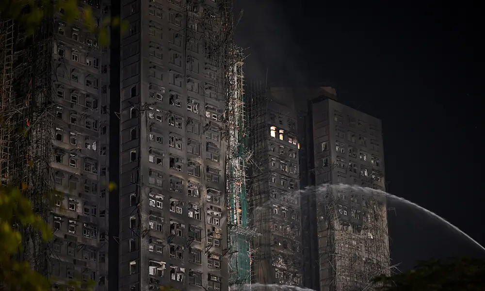 A general view shows the aftermath of a major fire that swept through several apartment blocks at the Wang Fuk Court residential estate in Hong Kong&rsquo;s Tai Po district on November 27, 2025. Photo: AFP