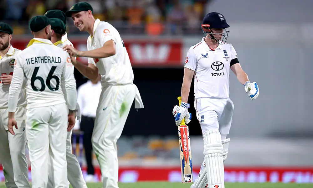 Players from Australia celebrate as England&rsquo;s Harry Brook (R) walks off the field after being dismissed on day three of the second Ashes cricket Test match between Australia and England at The Gabba in Brisbane on December 6, 2025. Photo: AFP