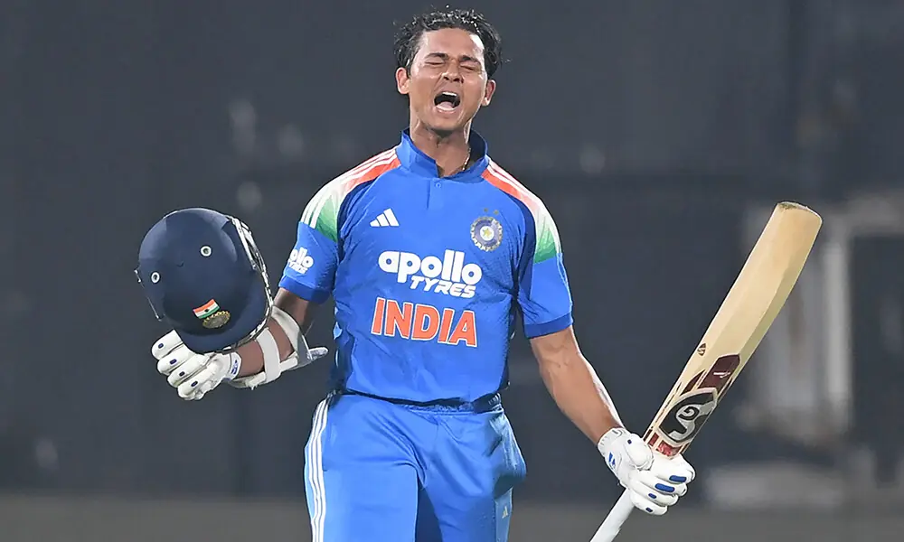 India&rsquo;s Yashasvi Jaiswal celebrates after scoring a century (100 runs) during the third one-day international (ODI) cricket match between India and South Africa at the Y.S. Rajasekhara Reddy Cricket Stadium in Visakhapatnam on December 6, 2025. Photo: AFP