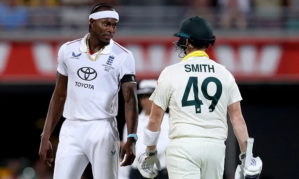 Australia&rsquo;s captain Steve Smith (R) reacts with England&rsquo;s Jofra Archer on day four of the second Ashes cricket Test match between Australia and England at The Gabba in Brisbane on December 7, 2025. Photo: AFP