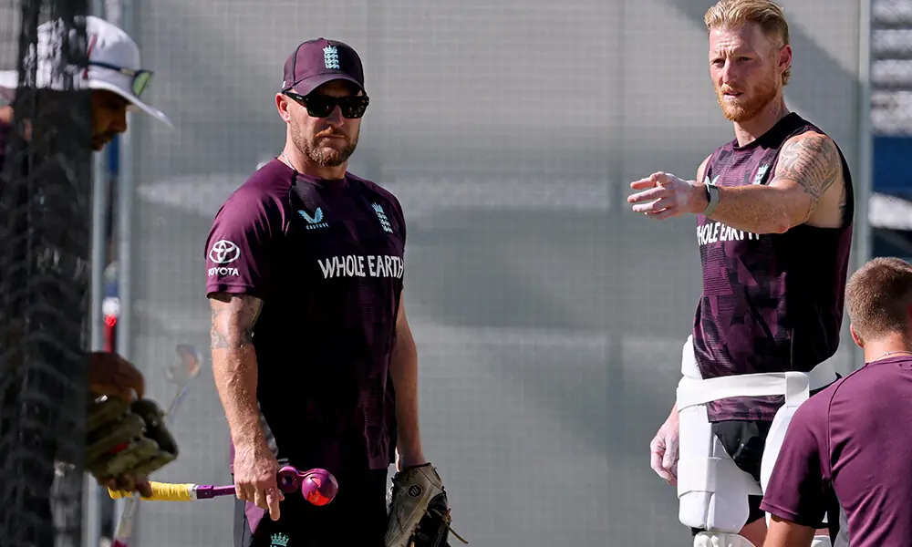 England&rsquo;s captain Ben Stokes (R) talks with head coach Brendon McCullum (2nd L) during a training session at The Gabba in Brisbane on December 2, 2025, ahead of the second Ashes cricket Test. File Photo: AFP