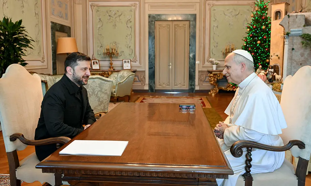 This photo taken and handout on December 9, 2025 by The Vatican Media shows Pope Leo XIV during a meeting with Ukraine&rsquo;s President Volodymyr Zelensky, in Castel Gandolfo. Photo: AFP