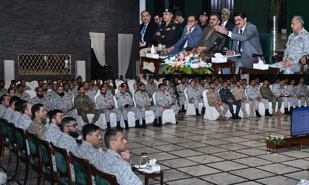 Sindh Chief Minister Murad Ali Shah addressing officers of the 55th PN Staff Course and 23rd Correspondence Staff Course led by Rear Admiral Sohail Ahmed Azmie, Commandant PN War College / Commander Central Punjab at the CM House on December 18, 2025. Photo: Facebook/@SindhCMHouse