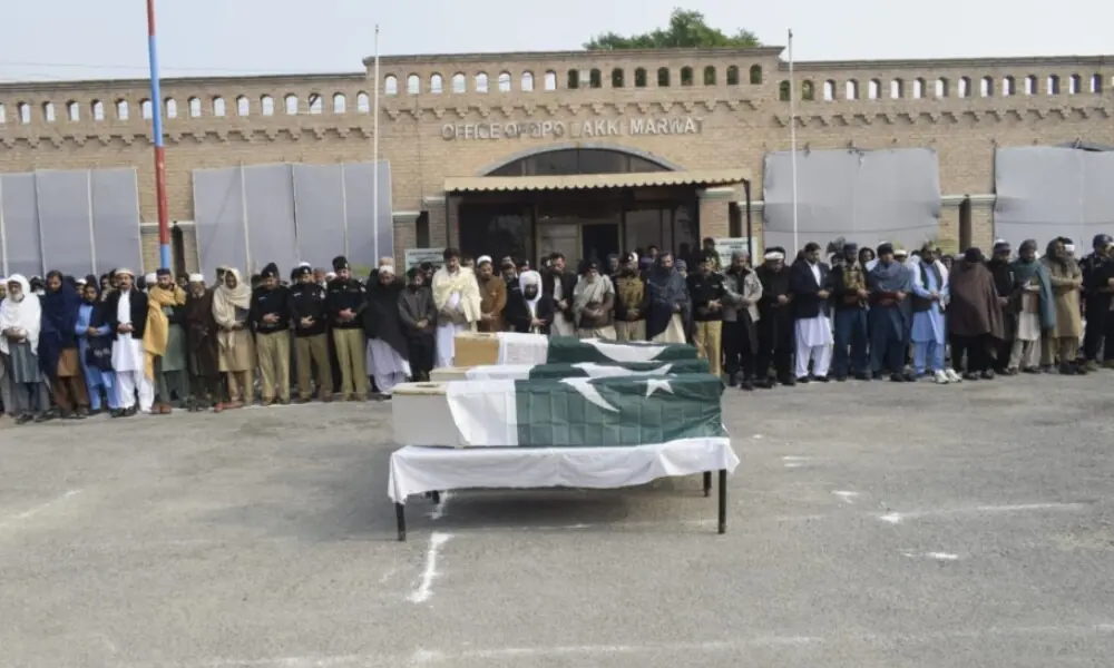 Funeral prayers of police officers martyred in terrorist attack being offered in Lakki Marwat on January 4, 2026. Photo: Facebook/@lakkimarwatpolice