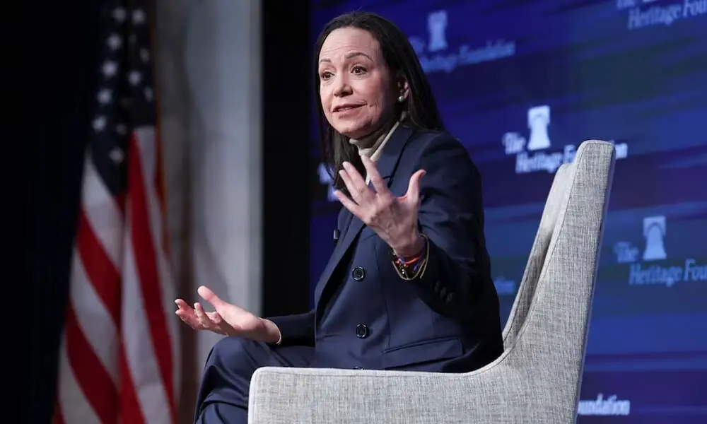 Venezuelan opposition leader Maria Corina Machado speaks during a press conference in Washington, D.C., U.S., January 16, 2026. Reuters