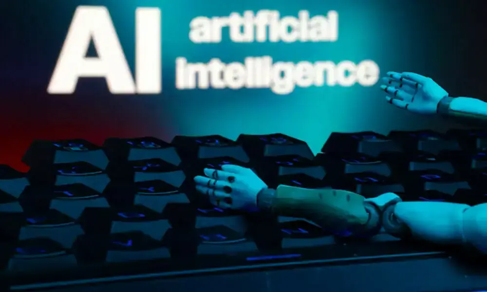 A message reading &ldquo;AI artificial intelligence&rdquo;, a keyboard, and robot hands are seen in this illustration. Photo: Reuters