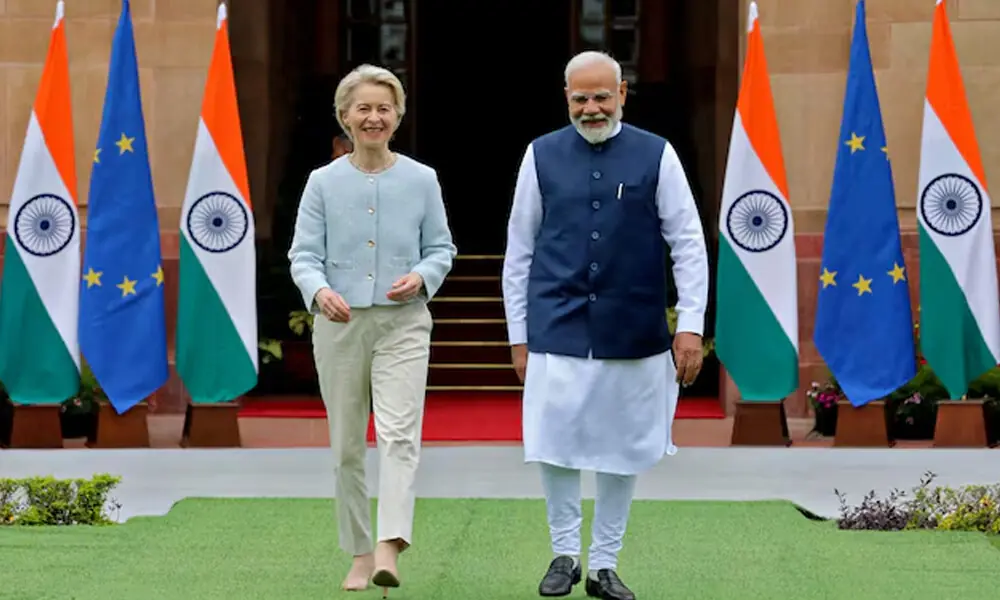 European Commission President Ursula von der Leyen and India&rsquo;s Prime Minister Narendra Modi arrive for a photo opportunity ahead of their meeting at the Hyderabad House in New Delhi, India, February 28, 2025. File Photo: Reuters