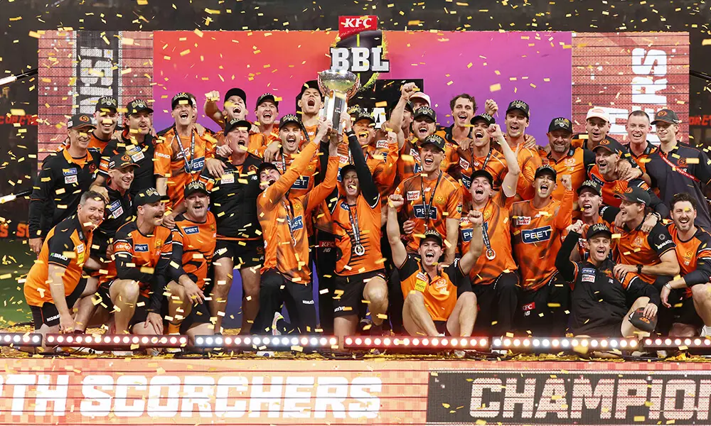 Perth Scorchers players celebrate their win after the Big Bash League T20 final between Perth Scorchers and Sydney Sixers at the Optus Stadium in Perth on December 25, 2026. Photo: AFP