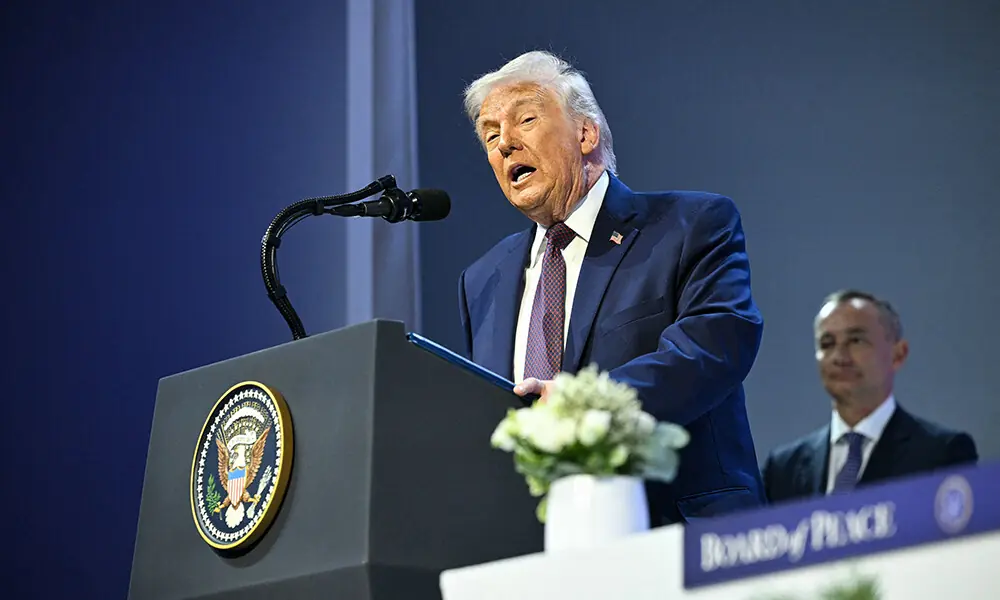 US President Donald Trump speaks at the &ldquo;Board of Peace&rdquo; meeting during the World Economic Forum (WEF) annual meeting in Davos on January 22, 2026. File Photo: AFP