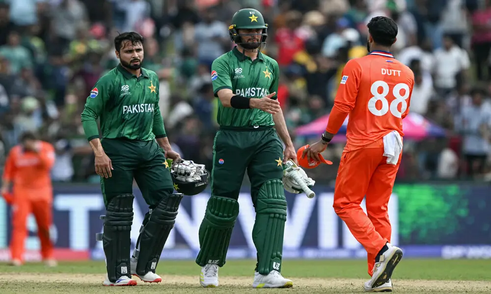 Pakistan&rsquo;s Shaheen Shah Afridi (C) and Faheem Ashraf (L) are congratulated by Netherlands&rsquo; Aryan Dutt for their team&rsquo;s win at the end of the 2026 ICC Men&rsquo;s T20 Cricket World Cup group stage match between Pakistan and Netherlands at the Sinhalese Sports Club (SSC) Ground in Colombo on February 7, 2026. Photo: AFP