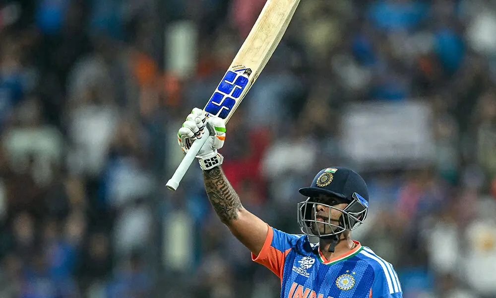 India&rsquo;s captain Suryakumar Yadav celebrates after scoring a half-century (50 runs) during the 2026 ICC Men&rsquo;s T20 Cricket World Cup group stage match between India and USA at the Wankhede Stadium in Mumbai on February 7, 2026. Photo: AFP