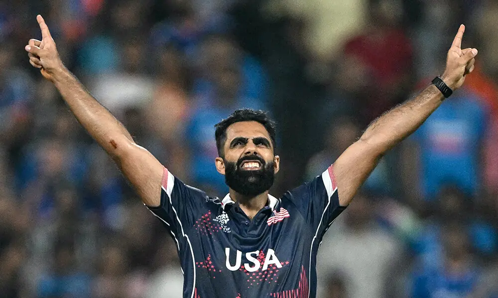 USA&rsquo;s Mohammad Mohsin celebrates after taking the wicket of India&rsquo;s Rinku Singh during the 2026 ICC Men&rsquo;s T20 Cricket World Cup group stage match between India and USA at the Wankhede Stadium in Mumbai on February 7, 2026. File Photo: AFP