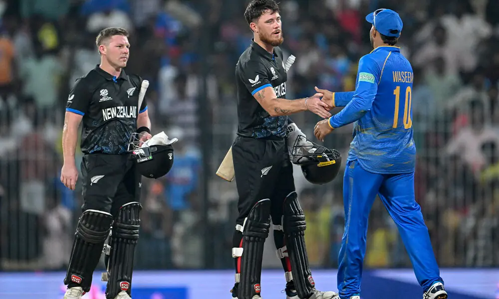 New Zealand&rsquo;s Finn Allen (C) shakes hands with UAE&rsquo;s captain Muhammad Waseem (R) as Tim Seifert watches at the end of the 2026 ICC Men&rsquo;s T20 Cricket World Cup group stage match between New Zealand and United Arab Emirates at the MA Chidambaram Stadium in Chennai on February 10, 2026. Photo: AFP