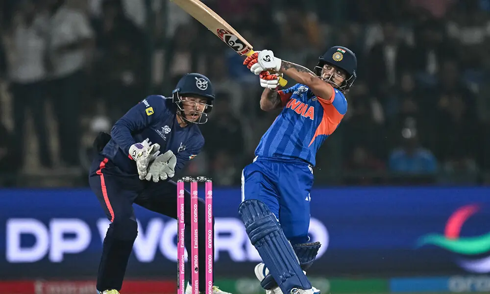 India&rsquo;s Ishan Kishan (R) plays a shot during the 2026 ICC Men&rsquo;s T20 Cricket World Cup group stage match between India and Namibia at the Arun Jaitley Stadium in New Delhi on February 12, 2026. Photo: AFP