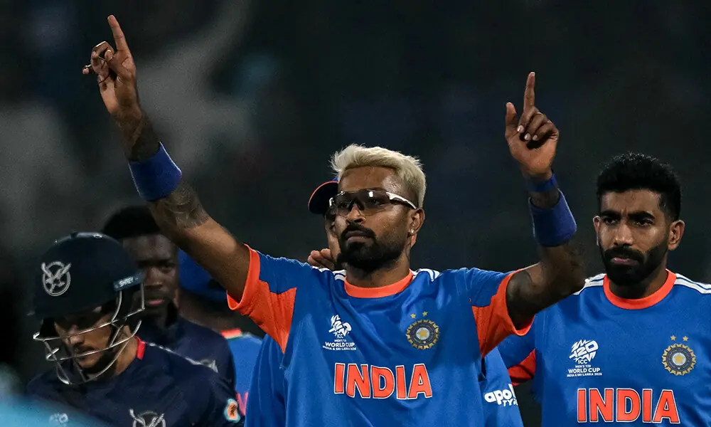 India&rsquo;s Hardik Pandya (C) celebrates his team&rsquo;s win at the end of the 2026 ICC Men&rsquo;s T20 Cricket World Cup group stage match between India and Namibia at the Arun Jaitley Stadium in New Delhi on February 12, 2026. Photo: AFP