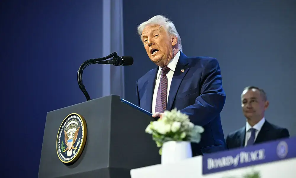 US President Donald Trump speaks at the &ldquo;Board of Peace&rdquo; meeting during the World Economic Forum (WEF) annual meeting in Davos on January 22, 2026. File Photo: AFP