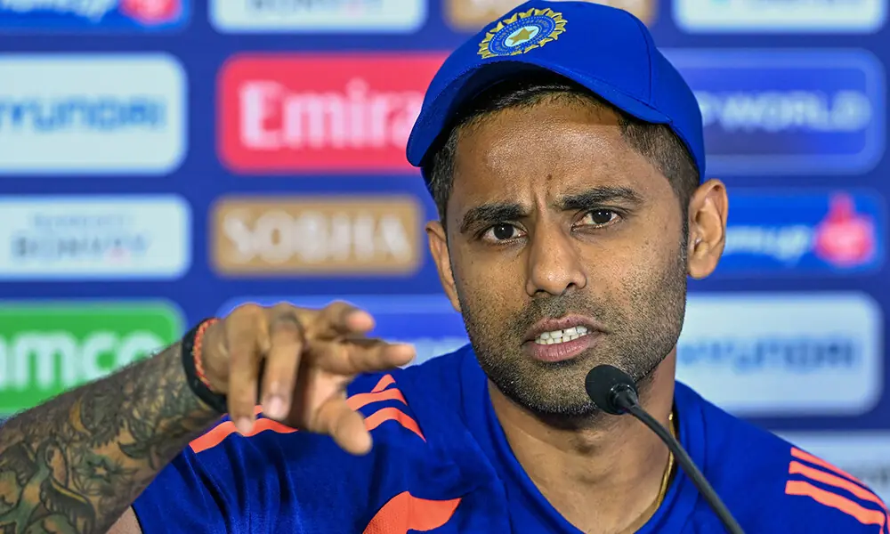 India&rsquo;s captain Suryakumar Yadav addresses a press conference on the eve of their 2026 ICC Men&rsquo;s T20 Cricket World Cup group stage match against Pakistan at the R Premadasa Stadium in Colombo on February 14, 2026. Photo: AFP