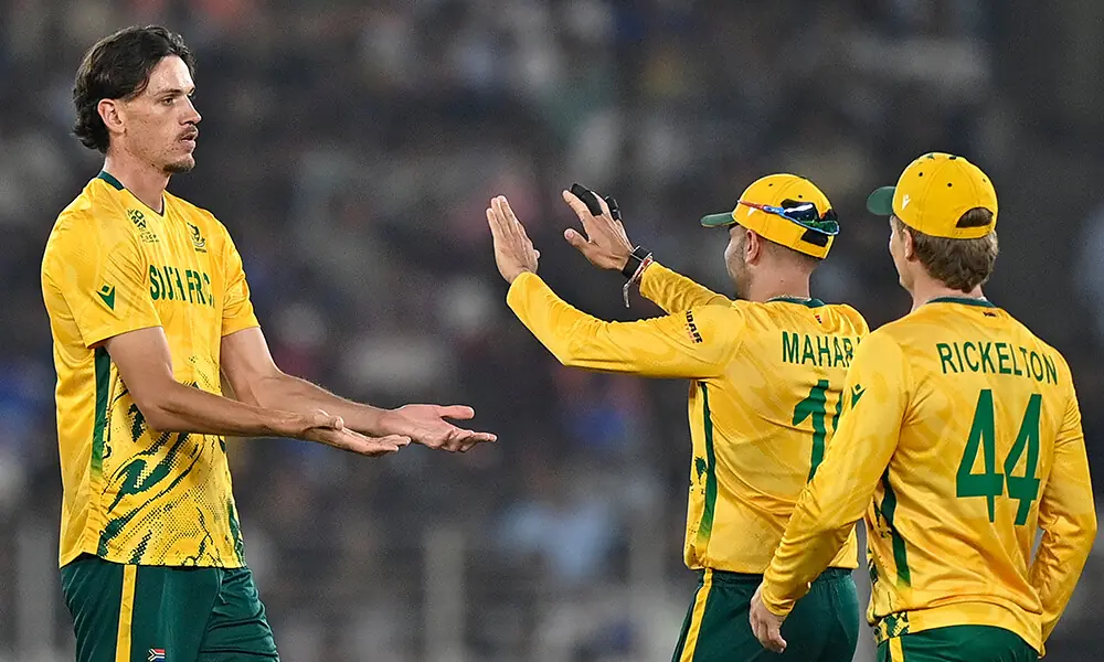 South Africa’s Marco Jansen (L) celebrates with teammates after taking the wicket of New Zealand’s Mark Chapman during the 2026 ICC Men’s T20 Cricket World Cup group stage match between New Zealand and South Africa at the Narendra Modi Stadium in Ahmedabad on February 14, 2026. Photo: AFP South Africa’s Marco Jansen (L) celebrates with teammates after taking the wicket of New Zealand’s Mark Chapman during the 2026 ICC Men’s T20 Cricket World Cup group stage match between New Zealand and South Africa at the Narendra Modi Stadium in Ahmedabad on February 14, 2026. Photo: AFP
