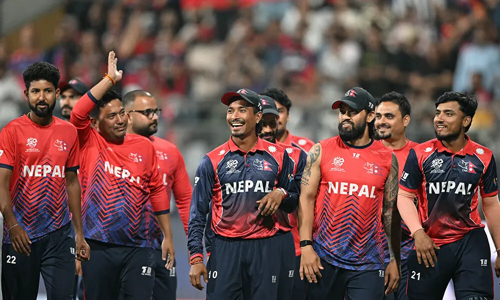 Nepal&rsquo;s players greet supporters after their victory in the 2026 ICC Men&rsquo;s T20 Cricket World Cup group stage match against Scotland at the Wankhede Stadium in Mumbai on February 17, 2026. Photo: AFP