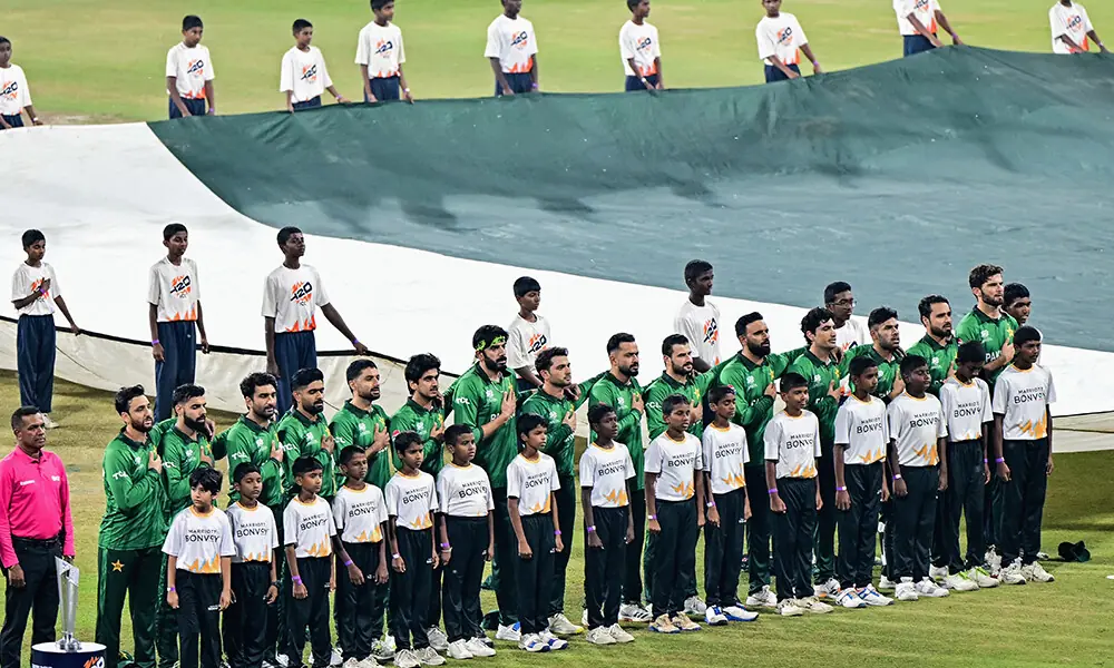 Pakistan’s team players stand for the national anthem before the start of the 2026 ICC Men’s T20 Cricket World Cup group stage match between India and Pakistan at the R Premadasa Stadium in Colombo on February 15, 2026. Photo: AFP Pakistan’s team players stand for the national anthem before the start of the 2026 ICC Men’s T20 Cricket World Cup group stage match between India and Pakistan at the R Premadasa Stadium in Colombo on February 15, 2026. Photo: AFP