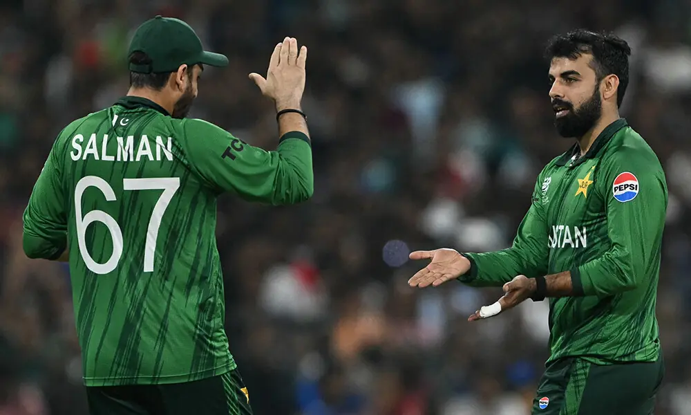 Pakistan&rsquo;s Shadab Khan celebrates with captain Salman Agha after taking the wicket of USA&rsquo;s Shayan Jahangir during the 2026 ICC Men&rsquo;s T20 Cricket World Cup group stage match between Pakistan and USA at the Sinhalese Sports Club (SSC) Ground in Colombo on February 10, 2026. Photo: AFP