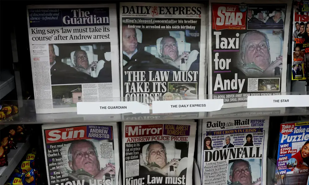 British newspapers, featuring coverage of the arrest of Andrew Mountbatten-Windsor, younger brother of Britain&rsquo;s King Charles, on suspicion of misconduct in public office, sit on display in a newsagent in London, Britain, February 20, 2026. REUTERS