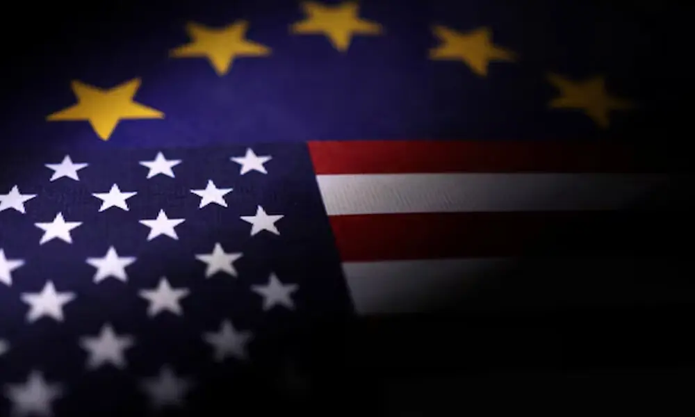 US and European Union flags are seen in this illustration taken April 10, 2025. File Photo: Reuters