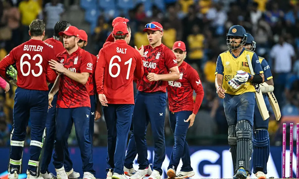 England&rsquo;s players celebrate their team&rsquo;s win against Sri Lanka at the end of their 2026 ICC Men&rsquo;s T20 Cricket World Cup Super Eights match in the Pallekele International Cricket Stadium, Kandy on February 22, 2026. Photo: AFP
