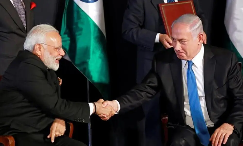 Indian Prime Minister Narendra Modi shakes hands with Israeli Prime Minister Benjamin Netanyahu as they deliver joint statements during an exchange of co-operation agreements ceremony in occupied Jerusalem July 5, 2017. File Photo: Reuters