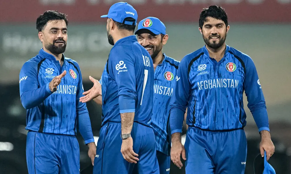 Afghanistan&rsquo;s captain Rashid Khan (L) celebrates with teammates his team&rsquo;s win at the end of the 2026 ICC Men&rsquo;s T20 Cricket World Cup group stage match between Afghanistan and Canada at the MA Chidambaram Stadium in Chennai on February 19, 2026. Photo: AFP