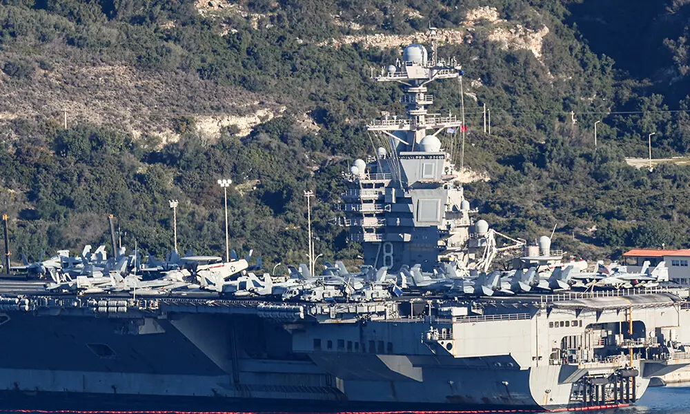 US aircraft carrier USS Gerald Ford is pictured docked at Souda Bay in the Greek Mediterranean island of Crete, on February 24, 2026. Photo: AFP